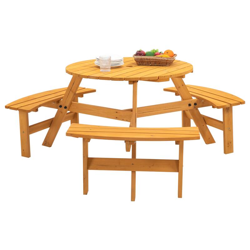 6 Seater Round Dining Table Set with 3 Built-in Benches, Outdoor Courtyard Wooden Picnic Table for Patio, Lawns, Garden