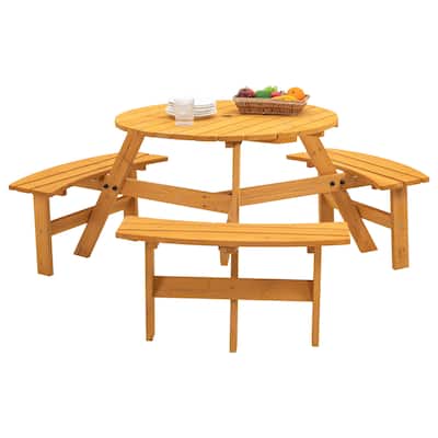 Outdoor 6 Seater Solid Wood Circular Picnic Table with 3 Built in Benches and Umbrella Hole
