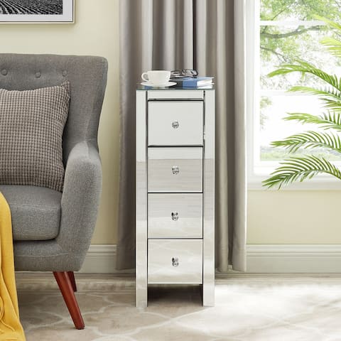 Silver Mirrored Nightstand End Tables with 4-Drawer
