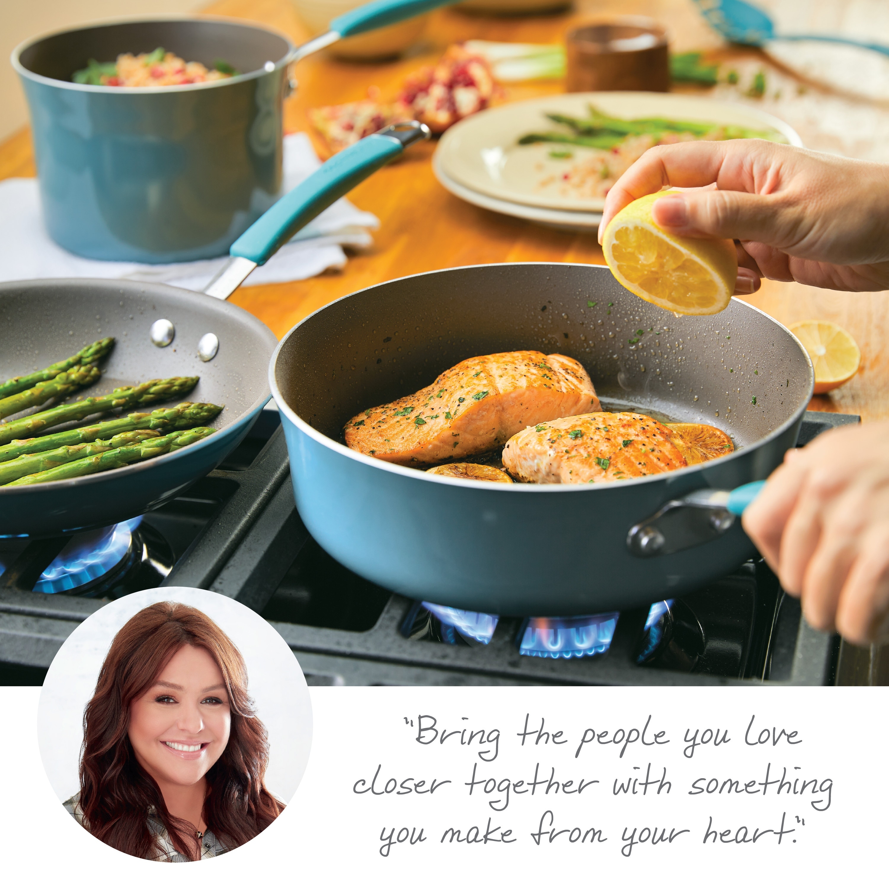 Rachael Ray Cucina Porcelain Enamel 14 Piece Nonstick Cookware and Measuring Cup Set - Agave Blue