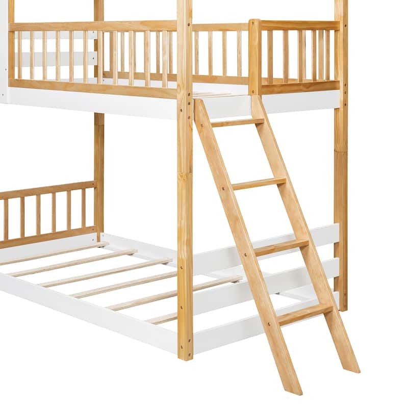 Twin Over Twin Bunk Bed Wood Bed With Roof,Window,Ladder,Natura