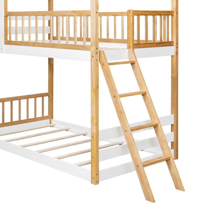 Twin Size House Bunk Bed with Ladder, Wooden Kids Playhouse Bunk Bed Frame with Roof and Window, Solid Pine Floor Bunk Bed Frame