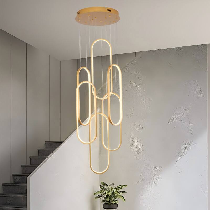 6 Rings Modern Chandelier, LED Black Large Contemporary Light for Staircase, Dimmable High Ceiling Chandeliers