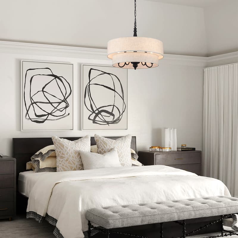 21.25-inch 5-light elegant retro metal chandelier with double-layer fabric lampshade and adjustable height
