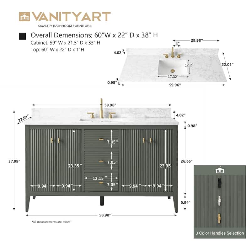 Vanity Art 60" Single Sink Bathroom Vanity Cabinet with Engineered Marble Countertop