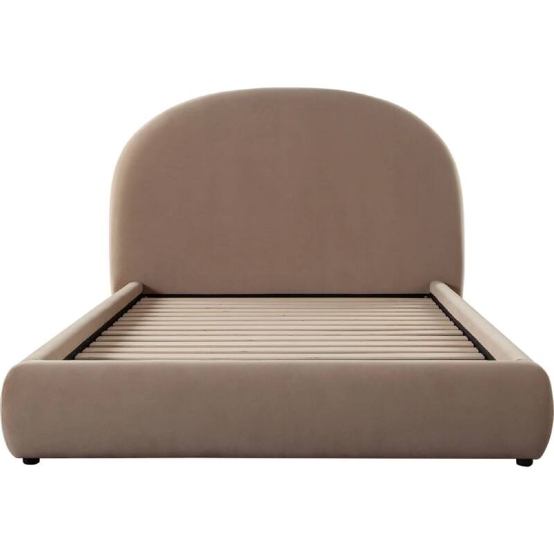 Feny Queen Size Bed w Arch Headboard, Camel Brown Velvet Upholstery