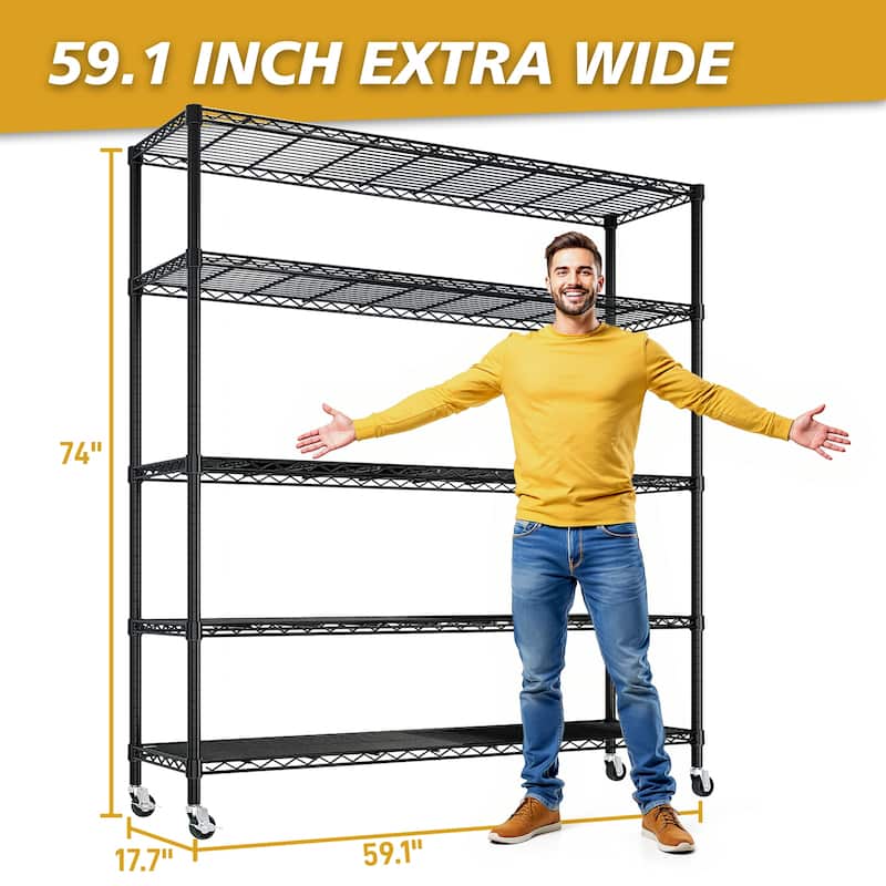 5-Tier Black Steel Wire Adjustable Height Storage Shelves Rack for Tools and Equipment - 59.06” x 17.72” x 74.02" (L x W x H)