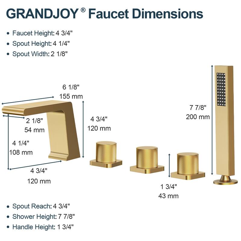 GRANDJOY Deck Mount Bathtub Spout and Handheld Shower Head Combo 5 Hole Design High Pressure