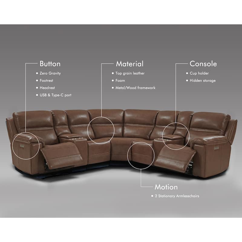 7PCS, 2 power Recliners, Dual-Power Genuine Leather Reclining Sectional with Console, Zero Gravity
