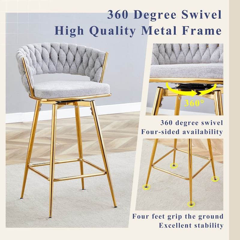 Roomfitters Swivel Bar Stools with Linen Cushions and Golden Metal Legs, Set of 4, Light Gray