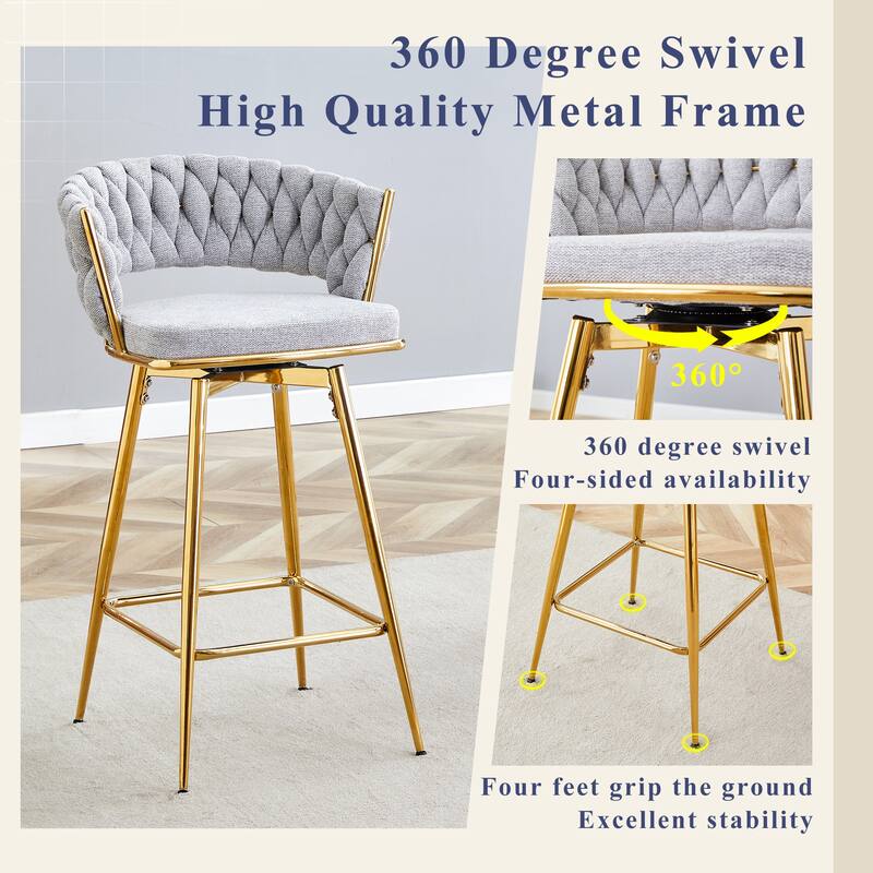 Set of 2 swivel bar stools with breathable cotton and linen soft cushions, electroplated metal frames without rust