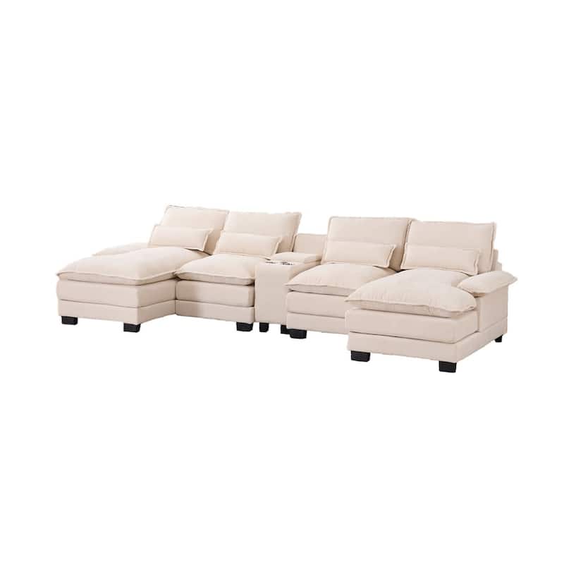 U-shaped Modern Upholstered Sectional Sofa with Storage and Cupholders, USB Ports