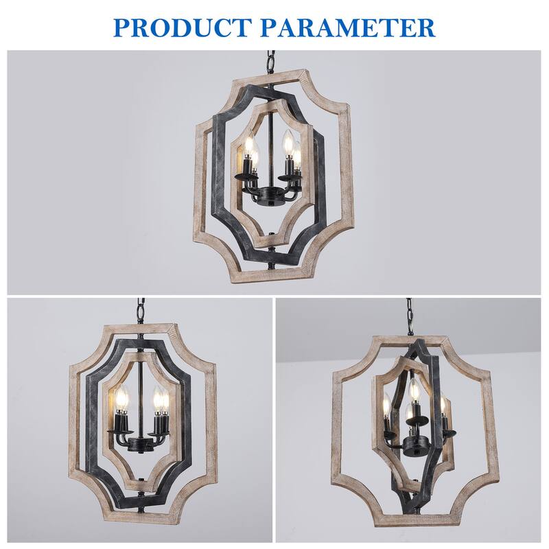 CurveCurio 18" Boho Adjustable Three-Tier Solid Wood Shade Pendant Light w 4 Lights, Austable Hanging Chain Chandelier