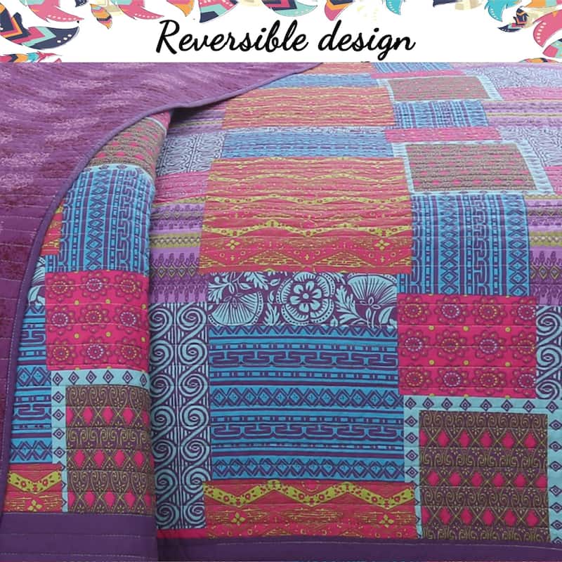 Cozy Line Aldiana 3-Piece Purple Patchwork Reversible Cotton Quilt Bedding Set