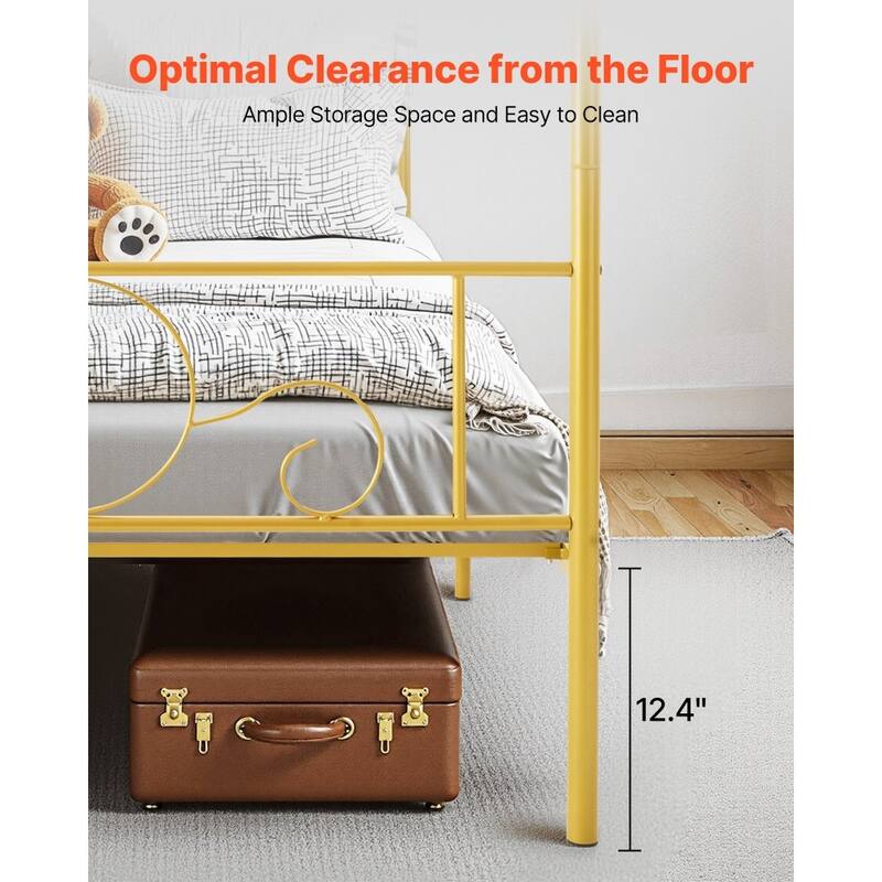 Gold Metal Full Canopy Bed Frame with Storage and DIY Decoration Rails