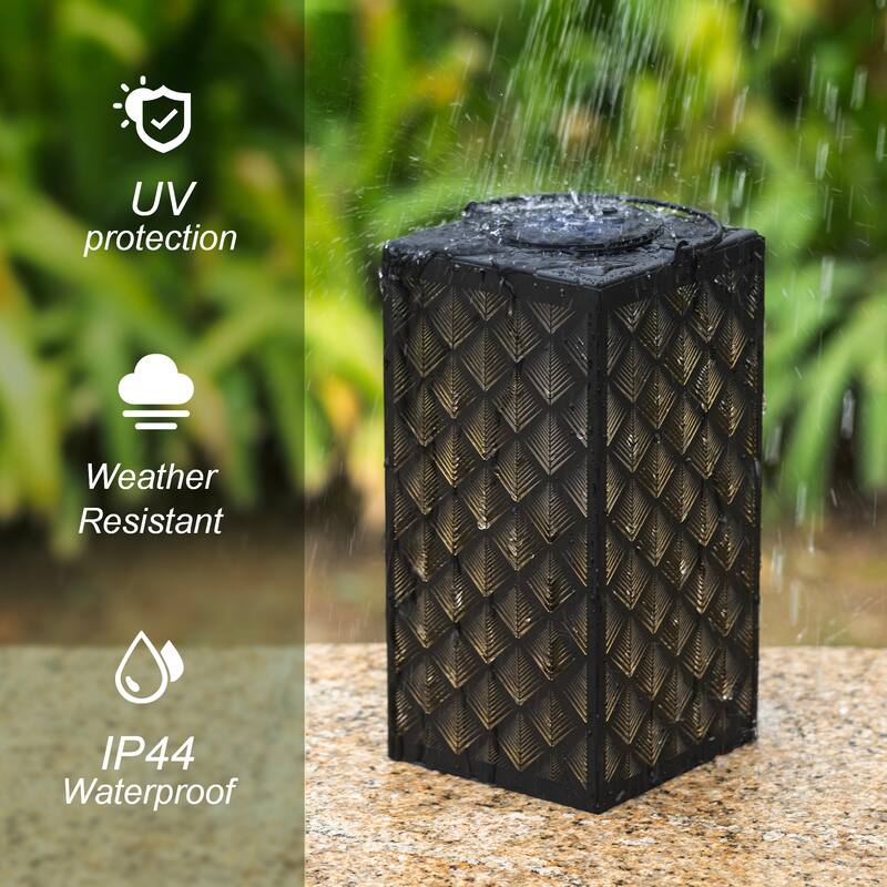 Glitzhome 11"H Black Metal Cutout or Square Textured Glass Pattern Solar Powered Hanging Lantern with LED Light