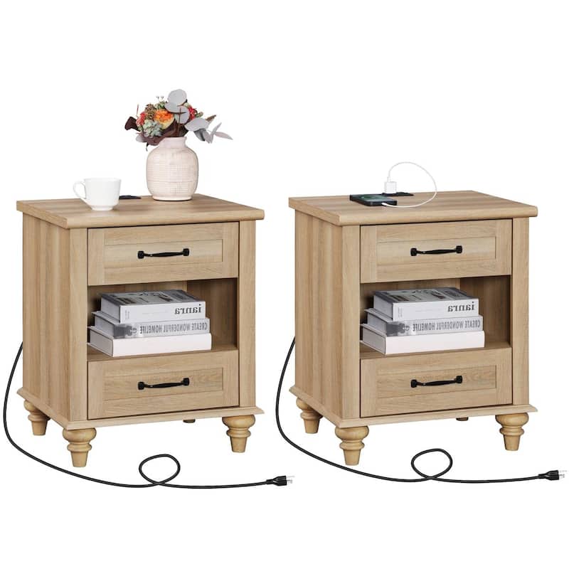 Farmhouse Nightstand Bedside Table, Wood 2-Drawer Side Table - Oak - 4-drawer