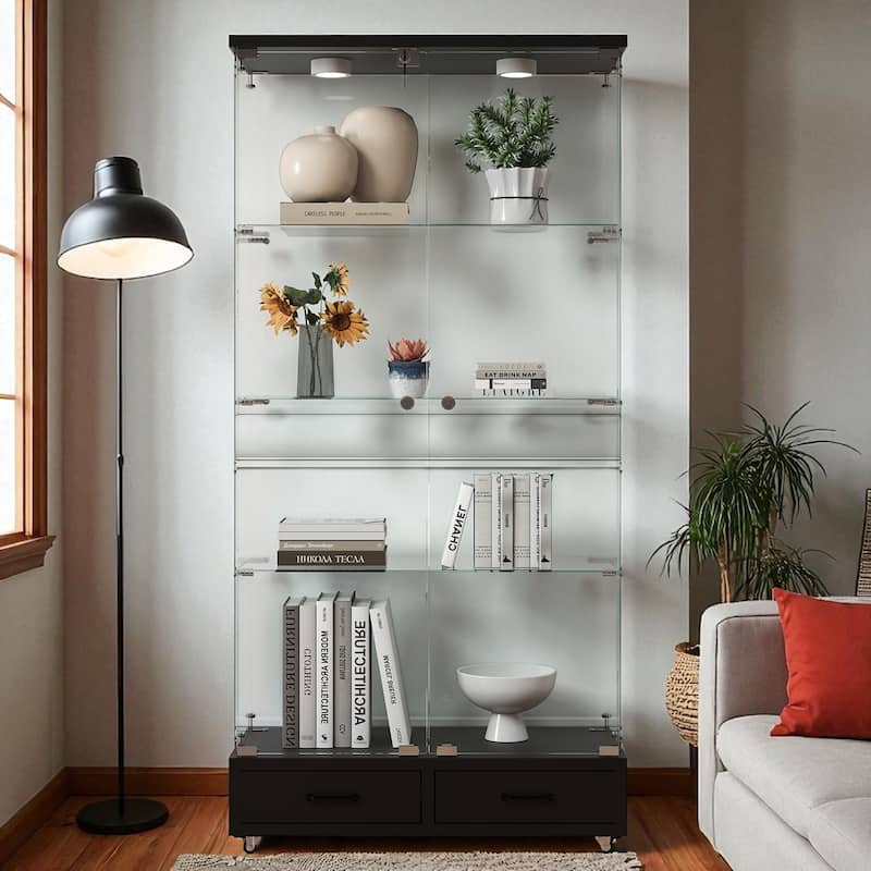 65.9" Modern Glass Display Cabinet with LED Lights, 2 Lockable Drawers & 4 Shelves, Curio Storage Case