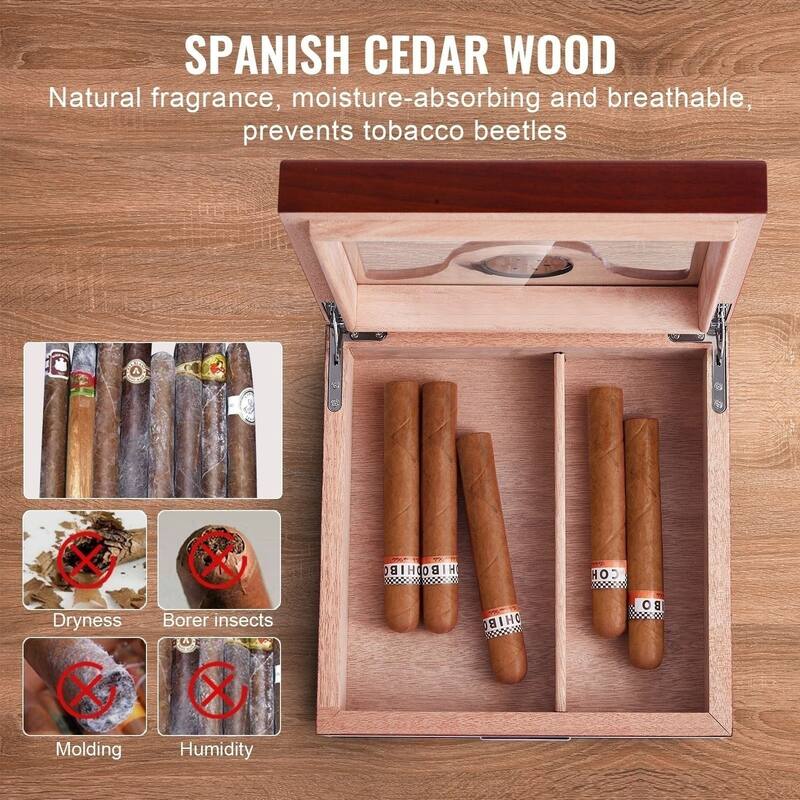 Cigar Humidor, Glass Top Cigar Humidor Box, Handmade Spanish Cedar Wood Cigar Desktop Box, Cigar Storage Case with Humidifier