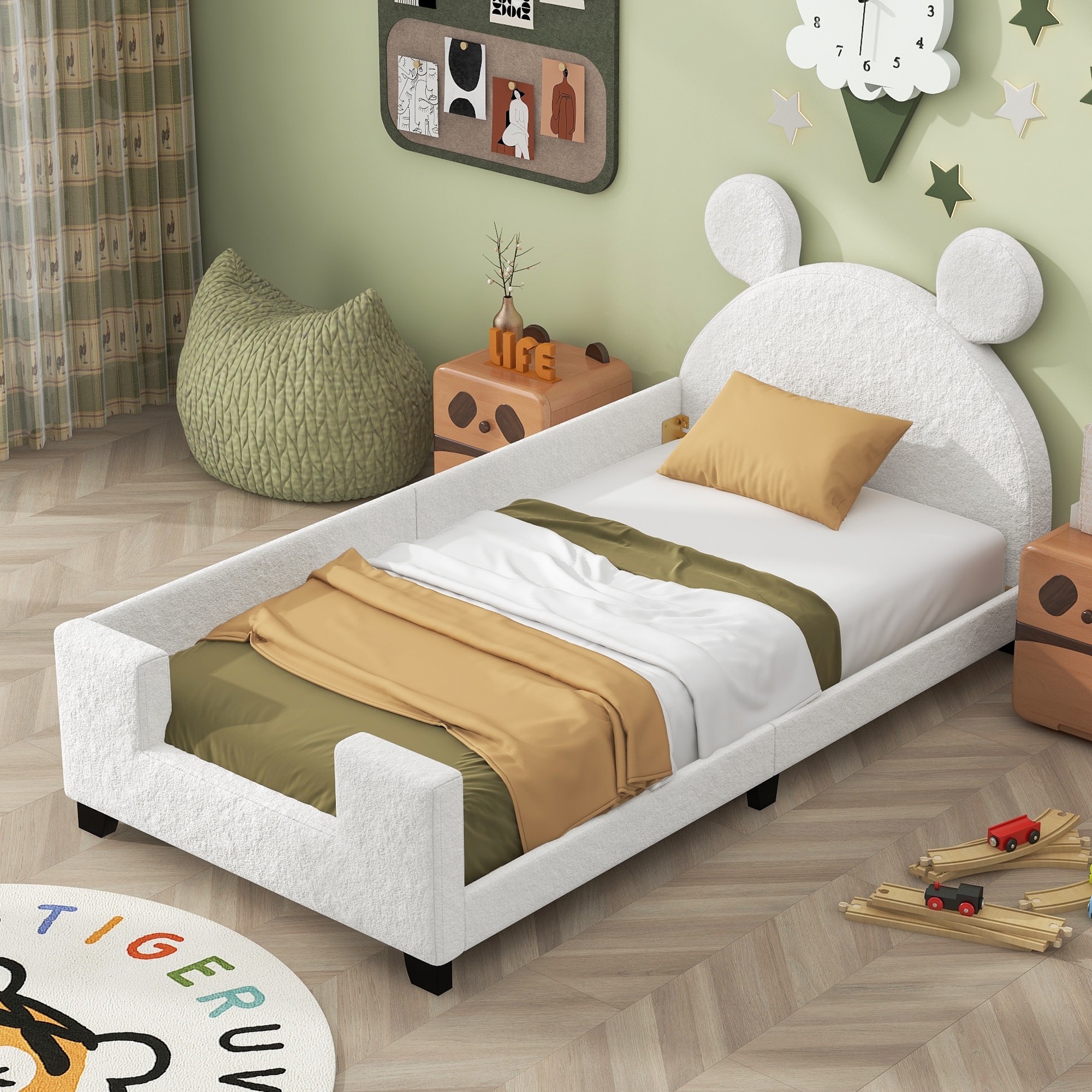 Twin Size Teddy Fleece Platform Bed with Cute Carton Ear Headboard