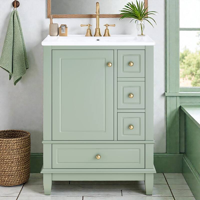 24" Green Bathroom Vanity with Ceramic Sink, Freestanding Cabinet with 3 Drawers and Side Storage Shelves - Light Green