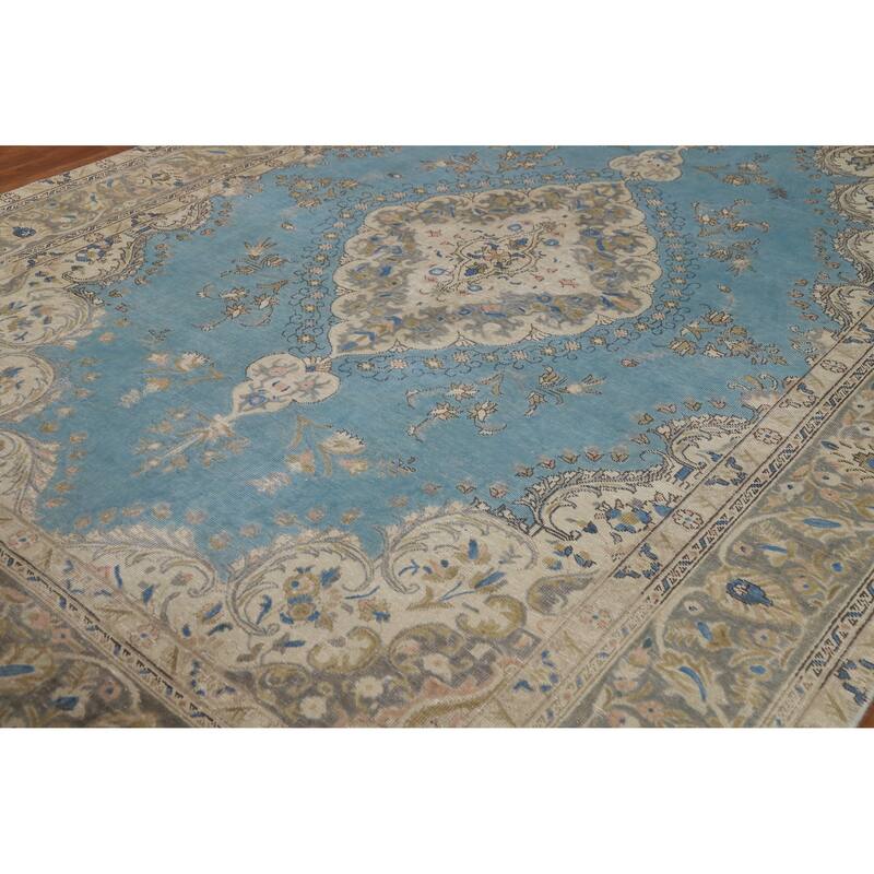 Blue Traditional Tabriz Persian Vintage Rug Hand-Knotted Wool Carpet - 7'10" x 10'10"
