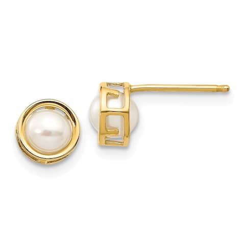 Curata 14k Yellow Gold Polished 5mm Bezel-set Freshwater Cultured Pearl Stud Earrings