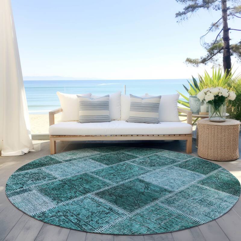 Machine Washable Indoor/ Outdoor Chantille Traditional Patchwork Rug - Teal - 8' x 8'
