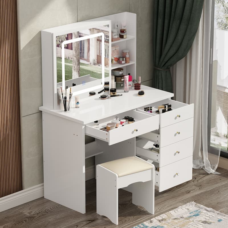 Makeup Vanity Table Set with Three-Color Light Mirror&Mirror & Stool - N/A - White