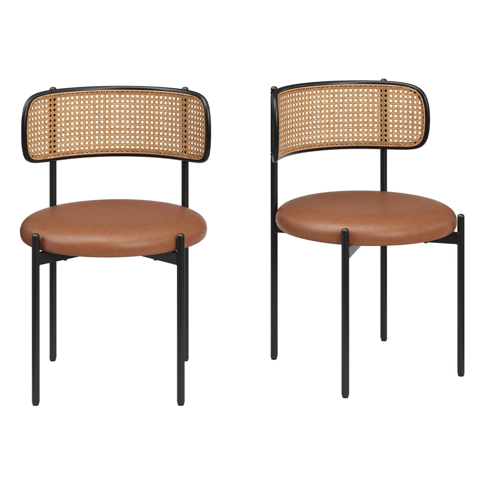 PU Leather Upholstered Seat Dining Chairs with Woven Rattan Back (Set of 4)