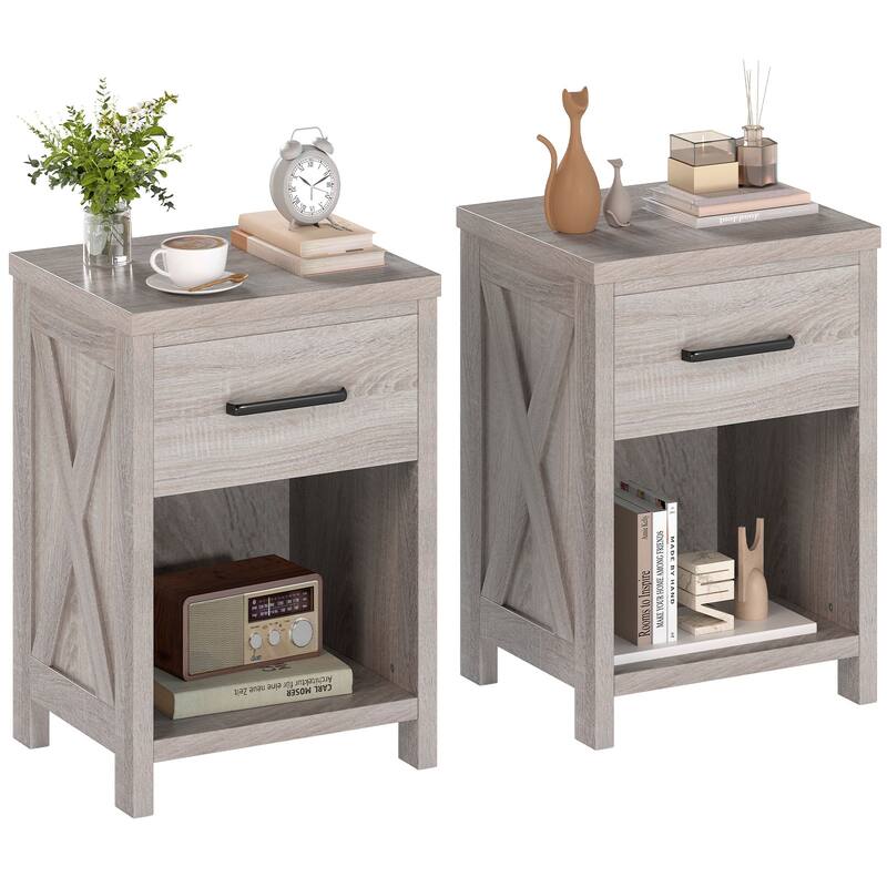 Gymax 2PCS Nightstand Sofa Side Table Rustic End Table w/Drawer Shelf - Antique Brush White - MDF