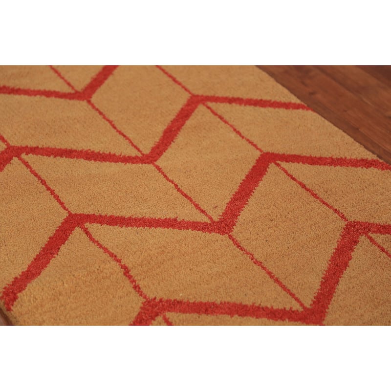 Hand Knotted Oriental 100% Wool Carpet Modern Geometric Oranges & Rust Moroccan Runner Rug - 9' 10'' X 2' 9''
