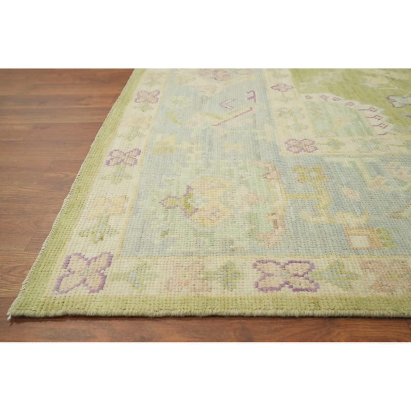 Handmade Green Oushak Vegetable Dye Area Rug Floral Geometric Carpet - 12' 0'' X 9' 0''