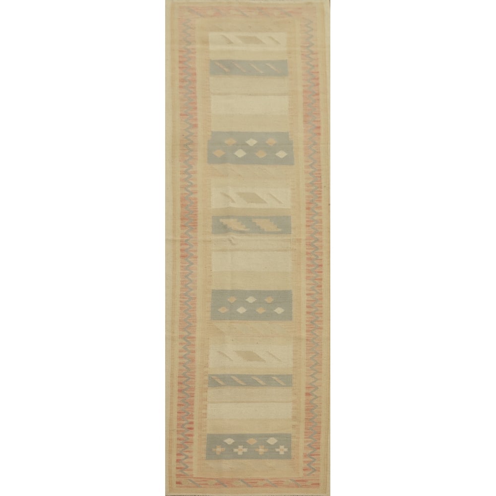 Hand Woven Oriental 100% Wool Carpet Southwestern Tribal Beige & Ivories Kilim Runner Rug - 11' 5'' X 2' 8''