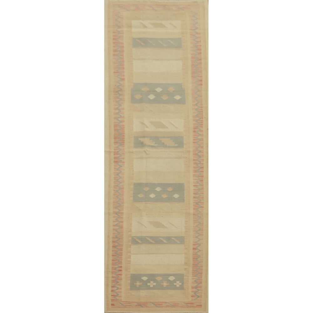 Hand Woven Oriental 100% Wool Carpet Southwestern Tribal Beige & Ivories Kilim Runner Rug - 11' 5'' X 2' 8''