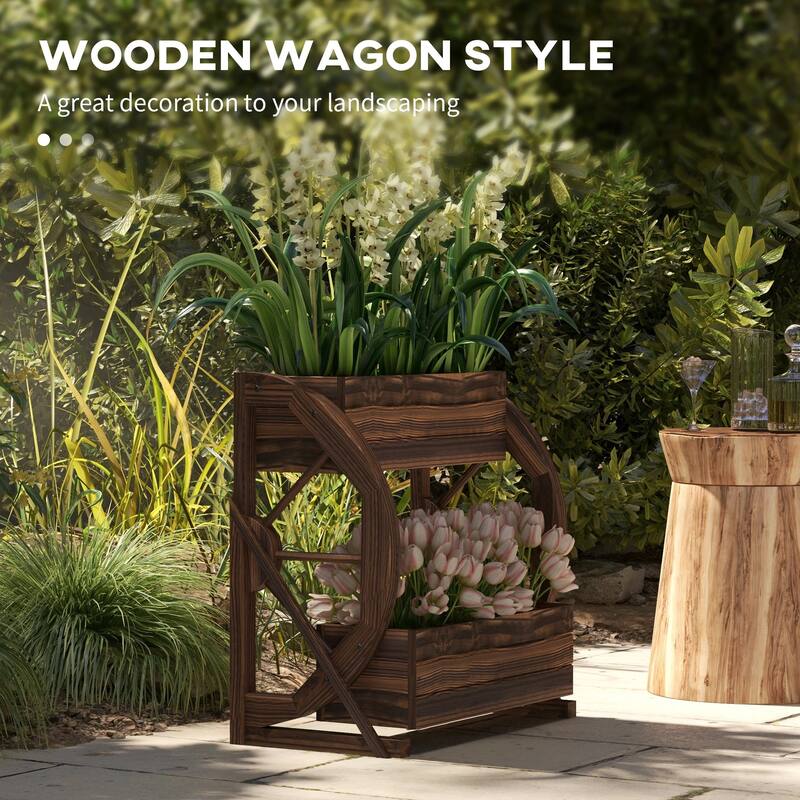 Carbonized Fir Wood Raised Planter with Wagon Wheel Design