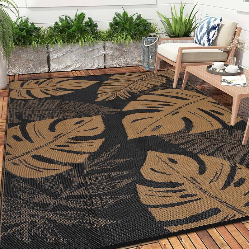 Outdoor Rug Waterproof Reversible Rug Modern Leaves Plastic Straw Area Rug - 9'x12' - Black Brown
