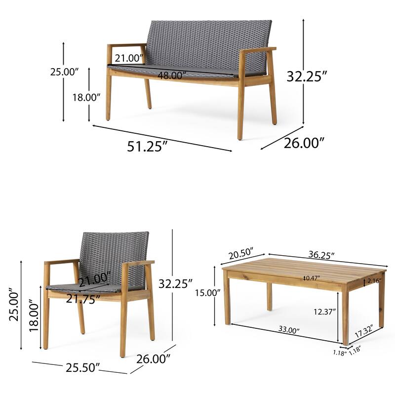 Outdoor 4 Piece Acacia Wood Chat Set 4 Seater Patio Rattan Chair Set w/Coffee Table