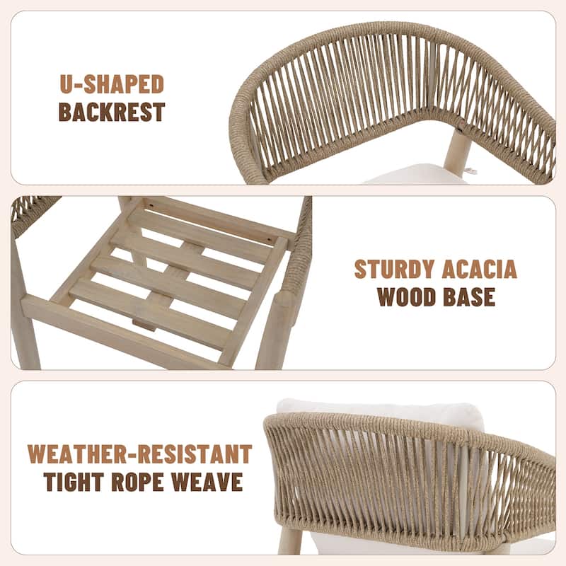 7-Piece Outdoor Dining Set Acacia Wood Rope-Woven Arm Chairs and Dining Table with X-Shaped Legs