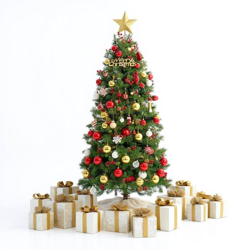6 FT Prelit Christmas Tree,Holly Berries, 250 Warm White Lights - Green