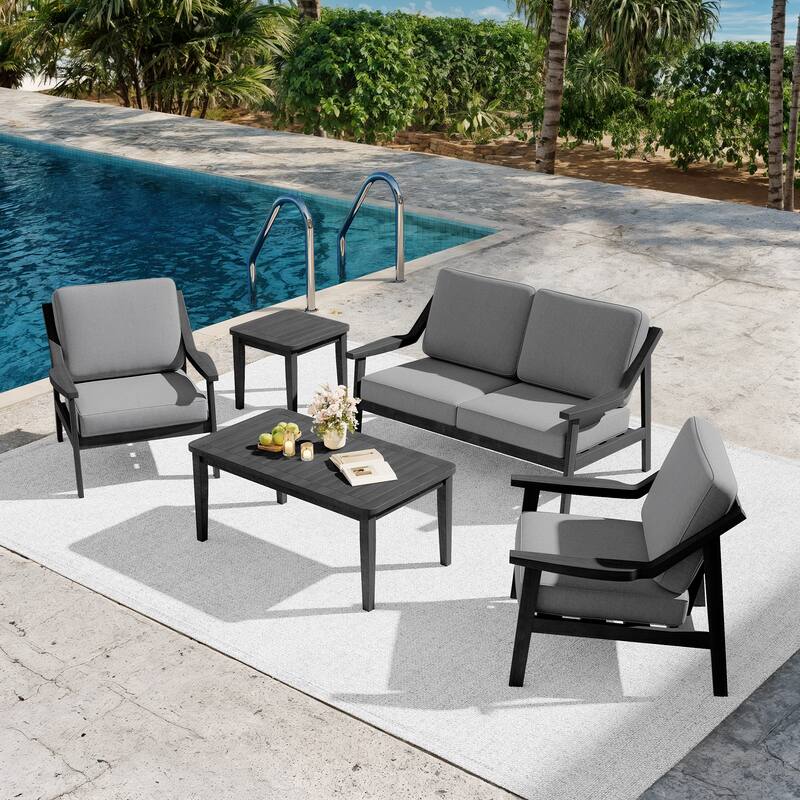 5-piece Adirondack Patio Teak Lounge Chairs Loveseat Conversation Set - BlackFrame-Grey