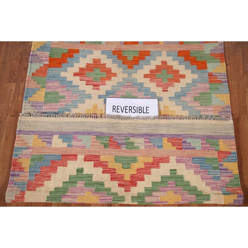 Reversible Kilim Rug Hand-Woven Multi-Color Foyer Wool Carpet - 3'3"x 5'0"
