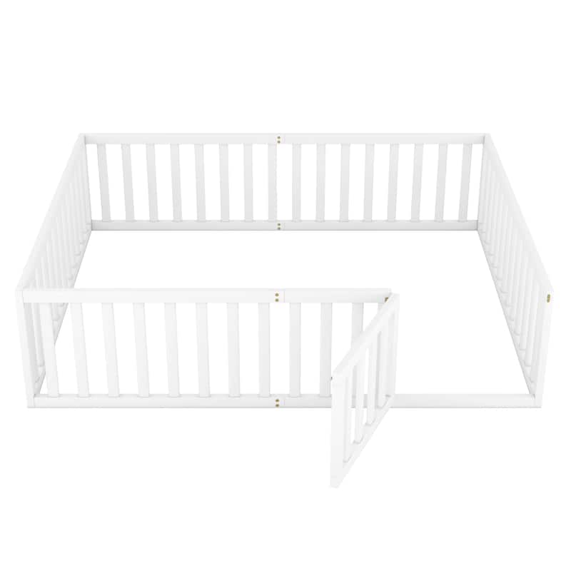 Queen Size Wood Floor Bed Frame with Fence and Door, White