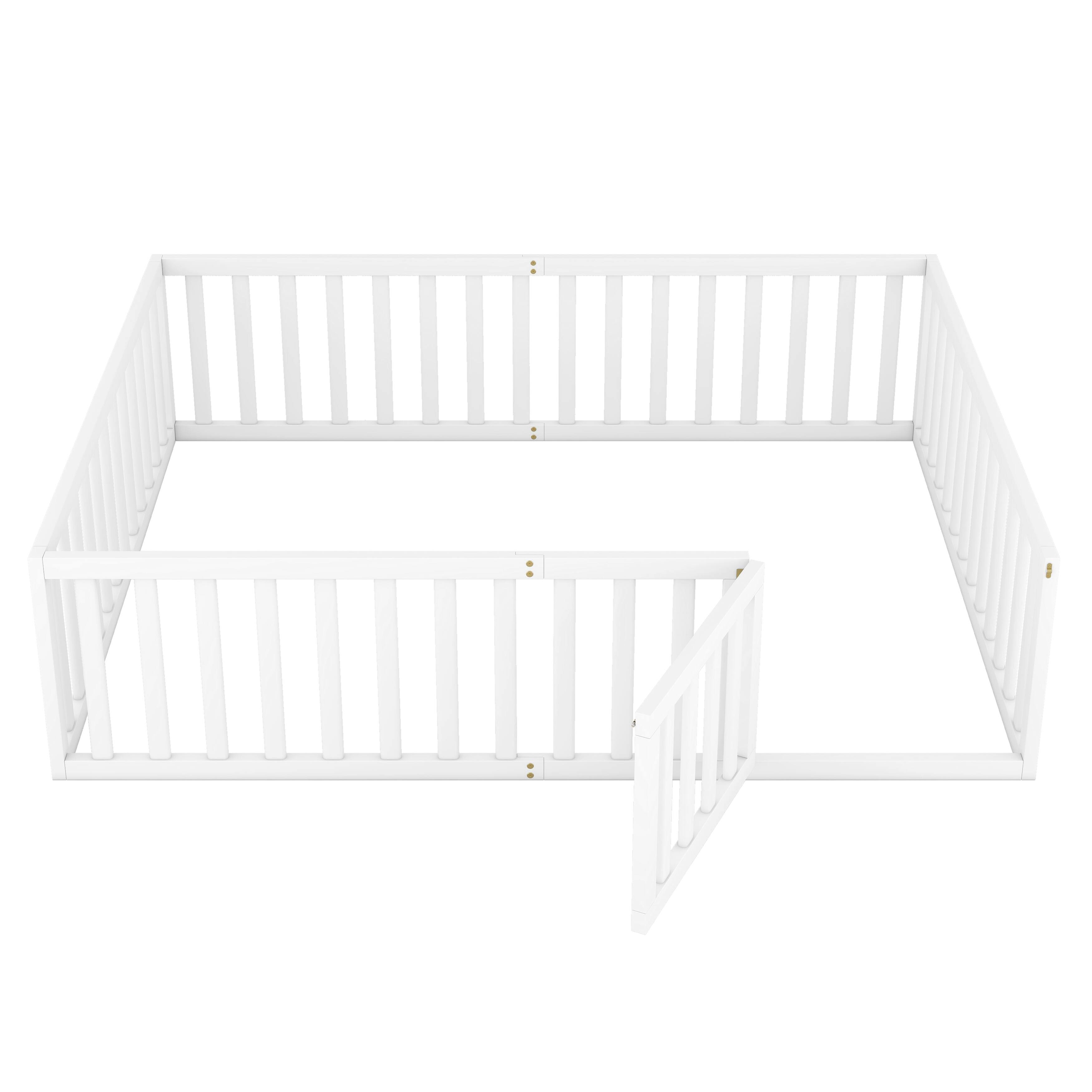 Queen Size Wood Floor Bed Frame with Fence and Door Bed Bath & Beyond