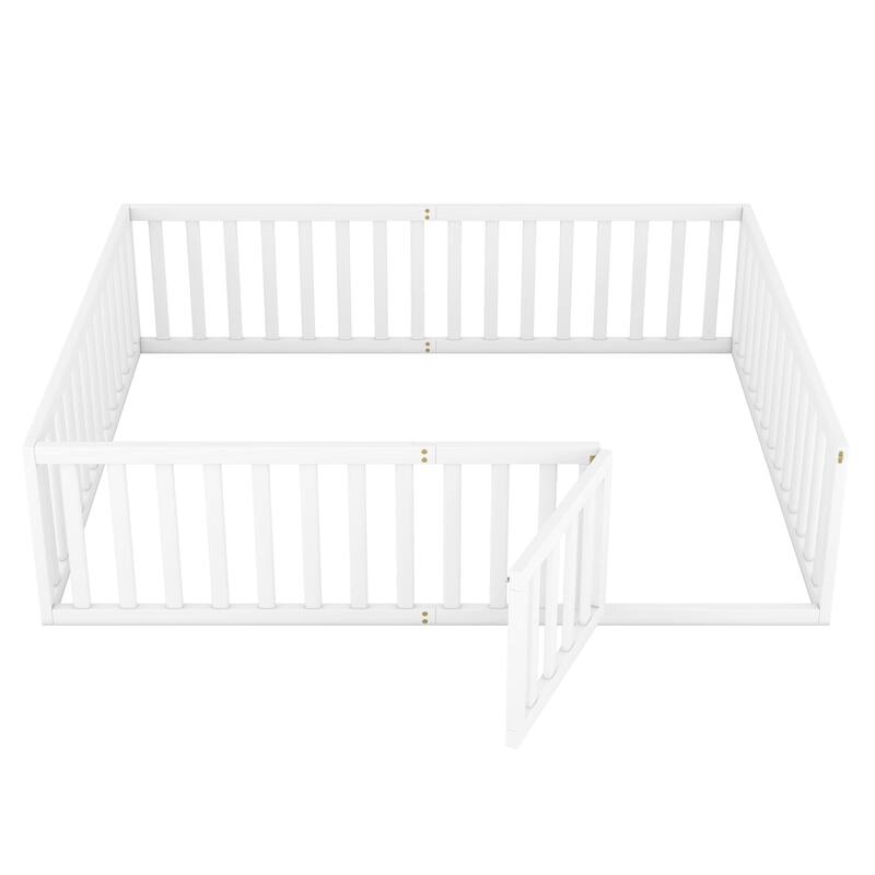 Queen Size Wooden Floor Bed Frame with Safety Fence and Door, White/Gray/Walnut/Natural Options