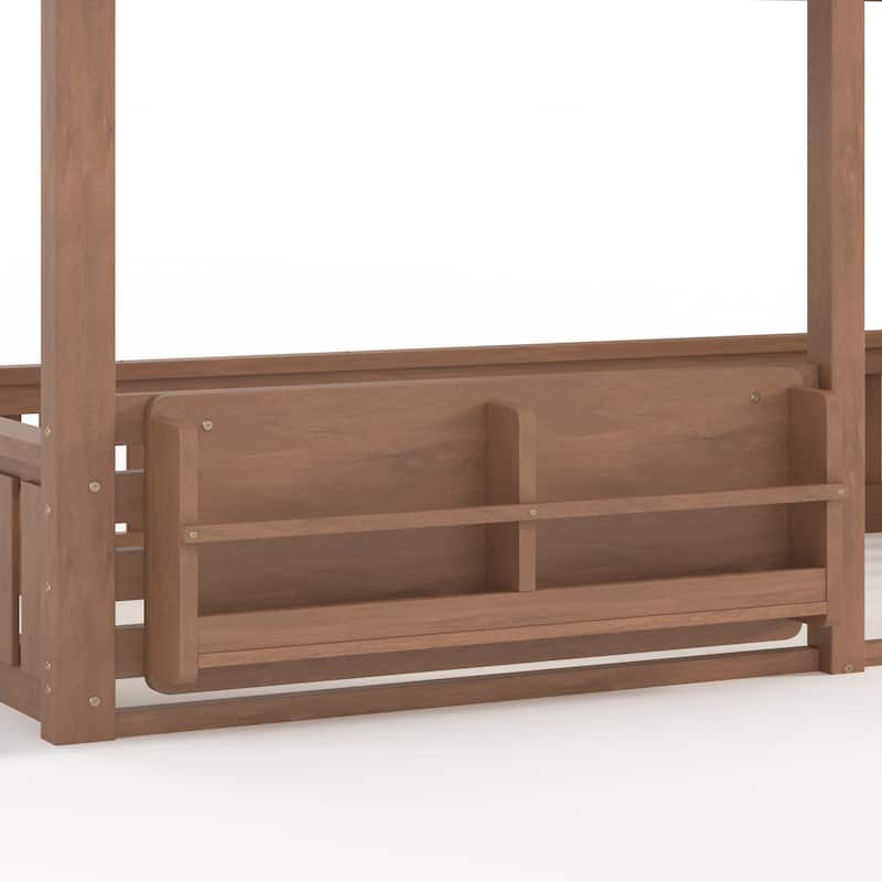 Full/Twin Bunk Bed with Bookshelf, House Design Loft Bed with Safety Fencing, High-Quality Kids Bed Frame