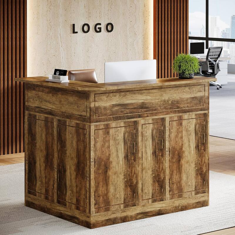 Reception Desk with Storage Shelves, L-Shaped Modern Front Desk - Rustic Brown