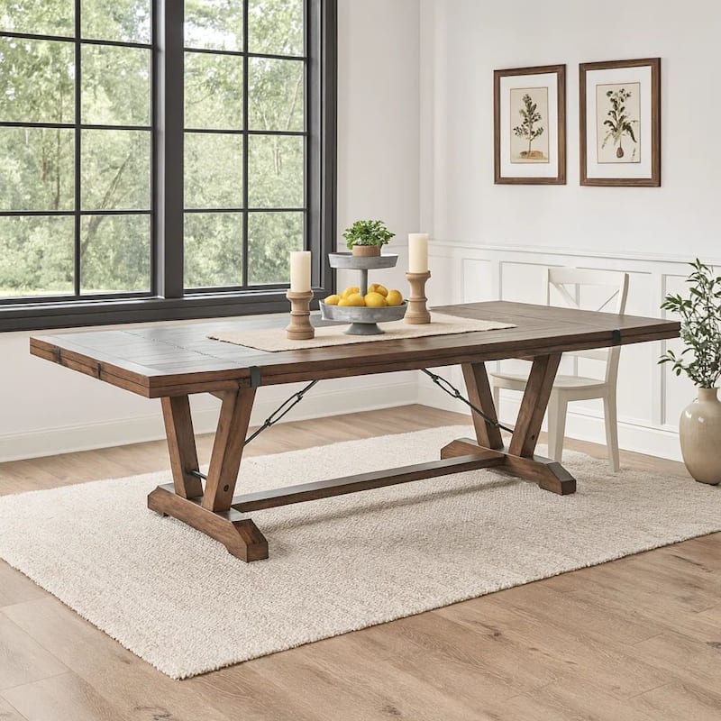 Yael Dining Table, 108-140 Inch 8 to 14 Seater, Brown Mahogany Wood - Natural Brown, Black