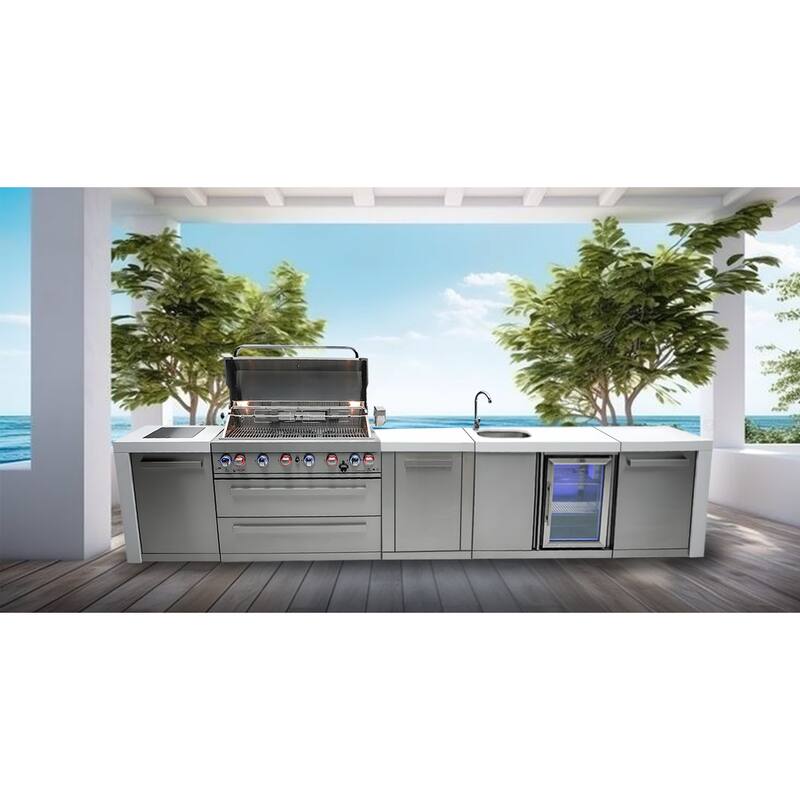 Mont Alpi MAi805-DBEV-EXC Deluxe Stainless Steel Outdoor Kitchen Island BBQ Grill + Beverage Center + 25" Extra Storage Cabinet