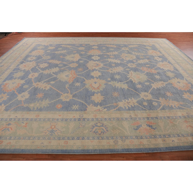 Hand Knotted Oriental 100% Wool Carpet Transitional All-Over Navy Blue & Blues Oushak Area Rug - 14' 11'' X 12' 1''